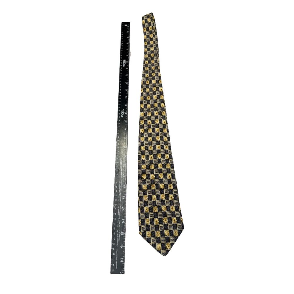 Geoffrey Beene Mens Necktie 100% Silk Black Gold Floral Checkered Classic Formal - Picture 5 of 6